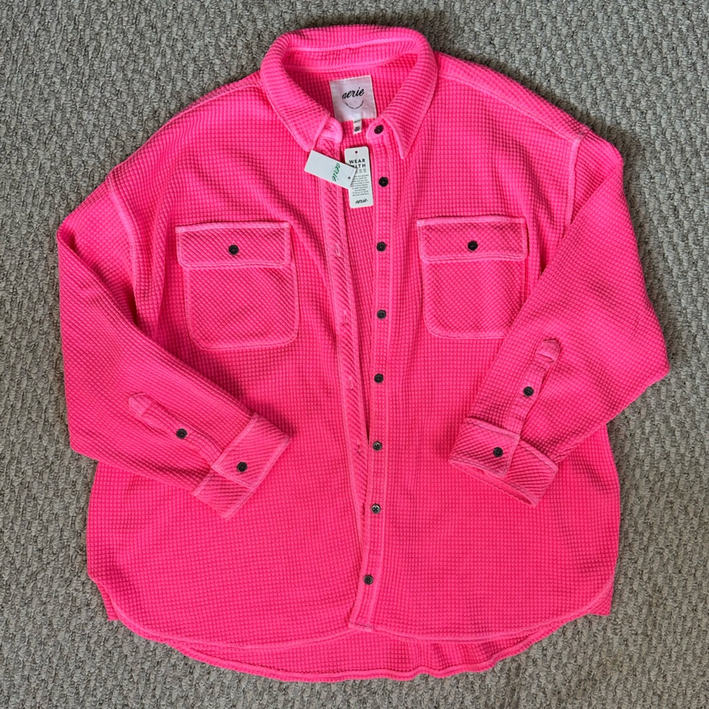 NEW Aerie waffle knit lumberjane shirt pink medium